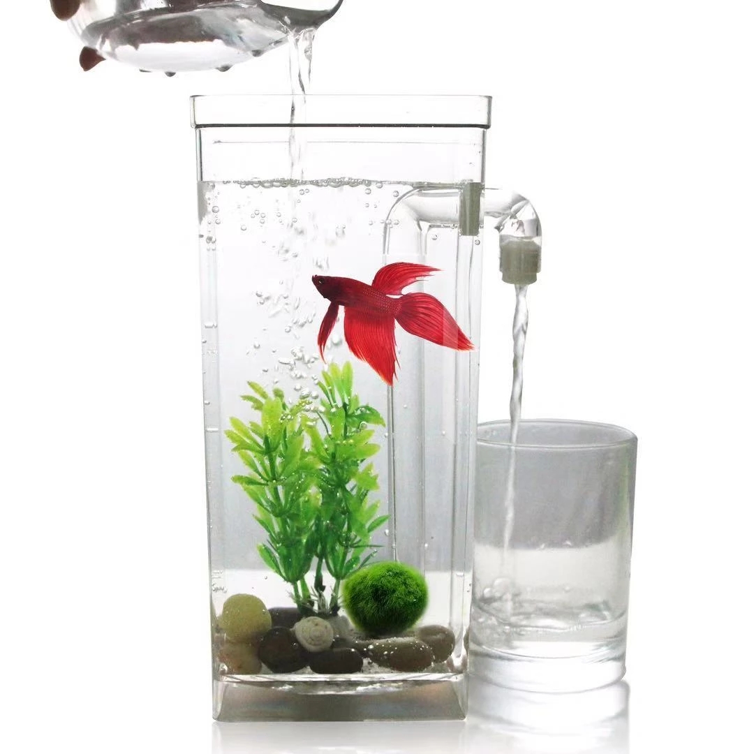 Betta Fish Tank - ขี้เกียจฟรีเปลี่ยนน้ําเดสก์ท็อปถังปลา Mini Creative Gold ถังปลาพลาสติกขนาดเล็ก Betta